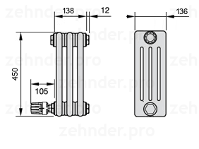 Схема (чертеж) Радиатор Zehnder Charleston 4045/3 №V003 Белый глянцевый RAL 9016